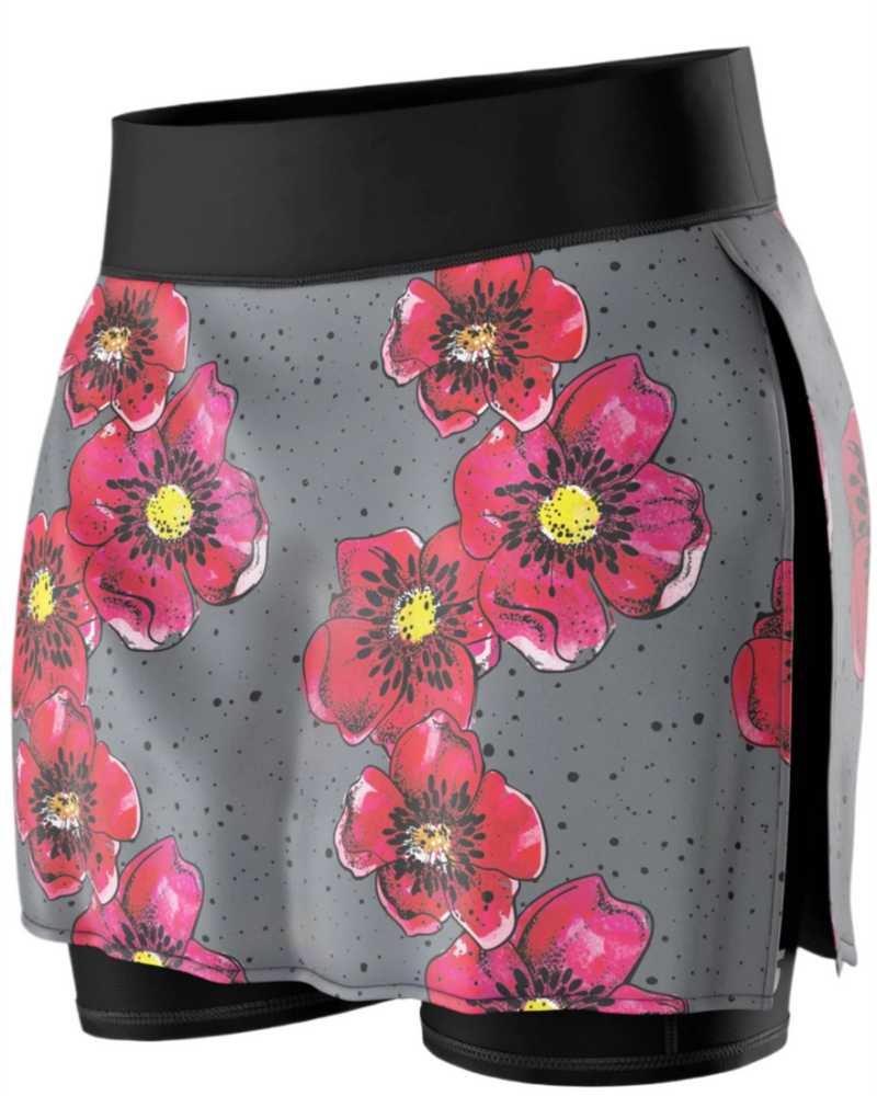 Women's FX Tri Running Skirt - Black/Fuchsia Poppies